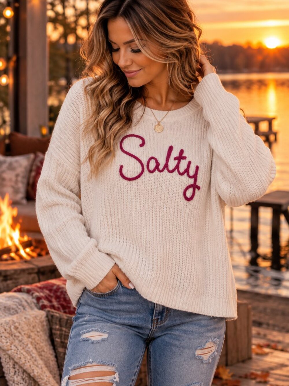 Mi Ami Francesca's Salty Sweater Pink Embroidered Ivory Knit Women's M 131